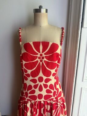 Christian Lacroix Linen Bold Red Floral Print Midi Dress Beaded Straps